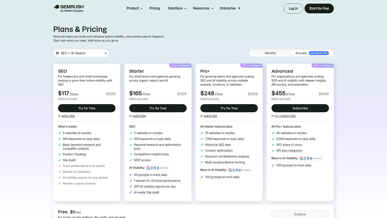 Semrush pricing page showing its SEO and AI Search packages