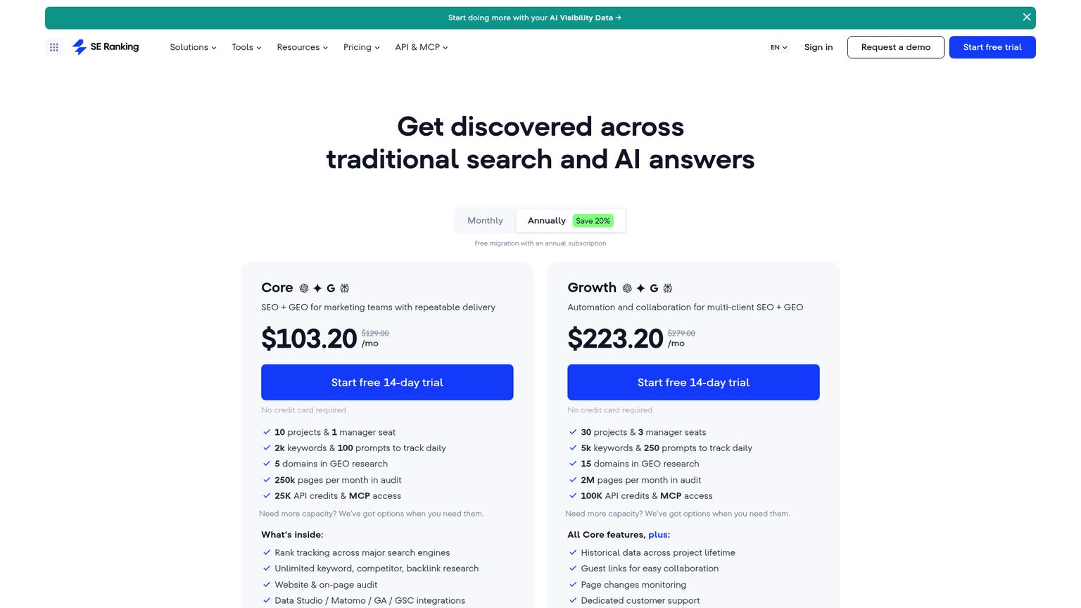 SE Ranking Core, Growth and Enterprise pricing with SEO and AI allowances