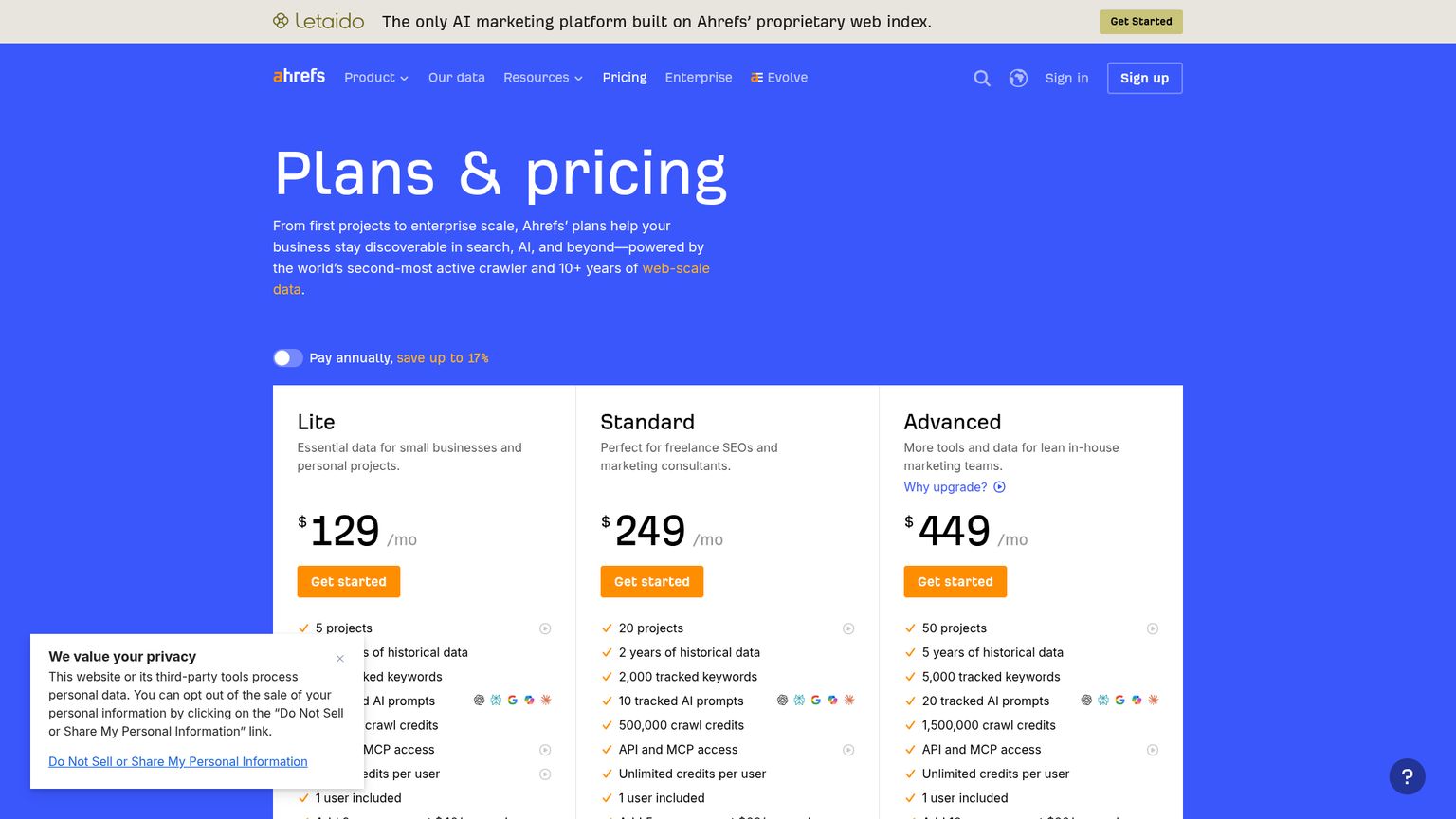 Ahrefs pricing page with Starter, Lite, Standard, Advanced and AI options