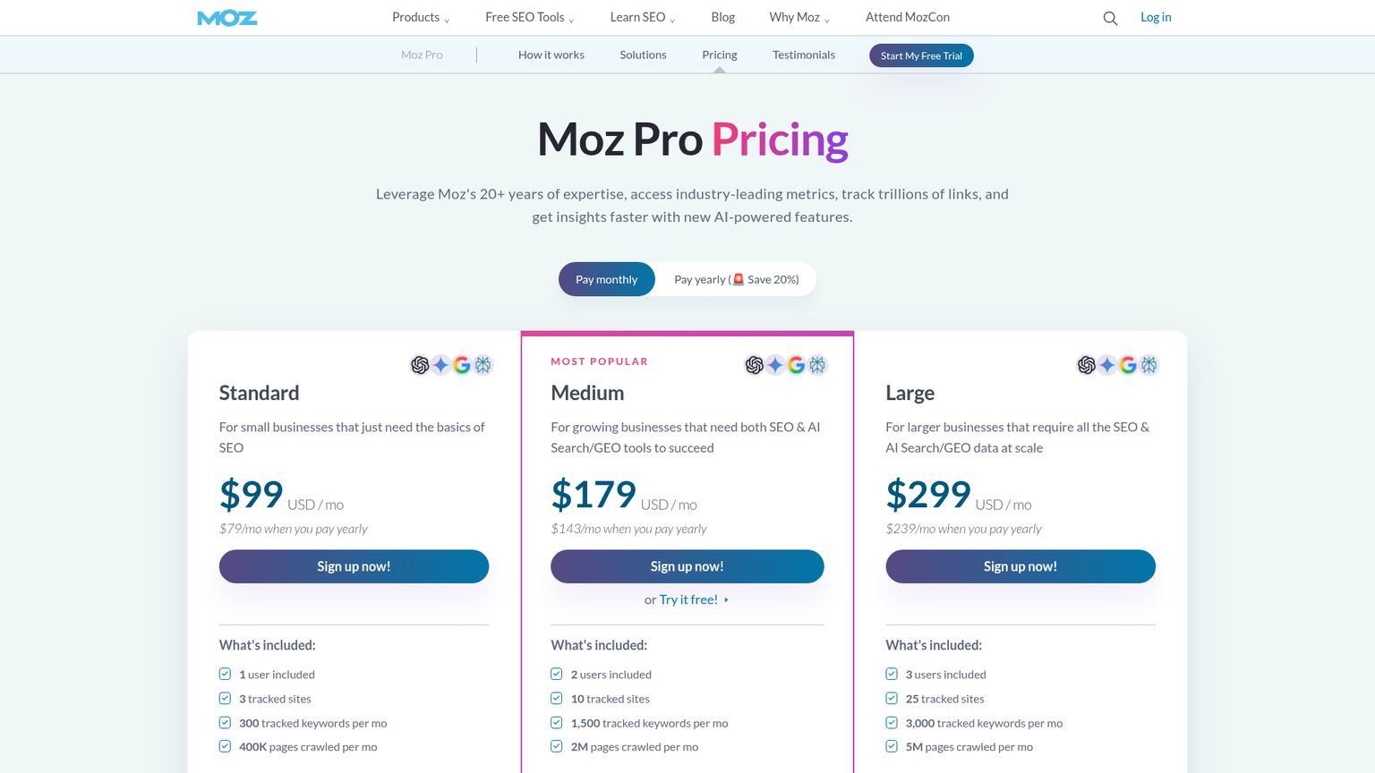 Moz Pro plans showing conventional SEO and AI visibility allowances