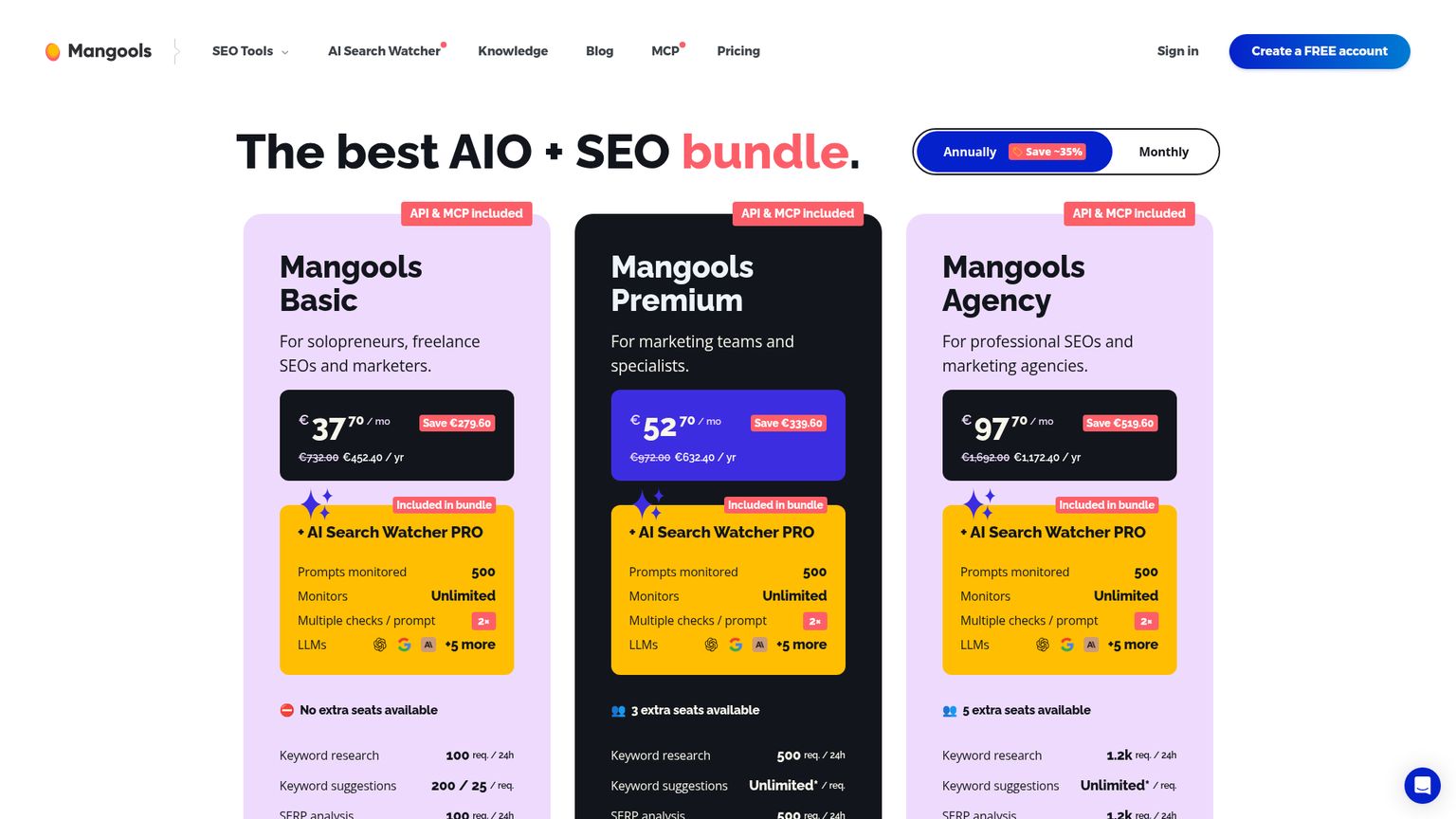 Mangools annual SEO and AI Search Watcher bundle pricing