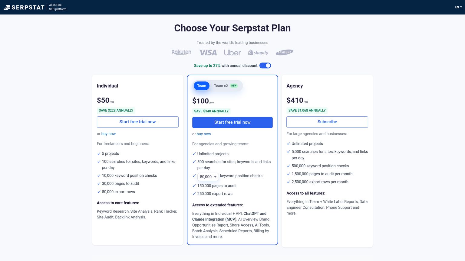 Serpstat Individual, Team, Team x2 and Agency plan comparison