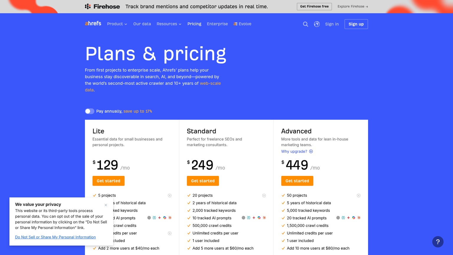 Ahrefs pricing page showing Starter, Lite, Standard, and Advanced plans