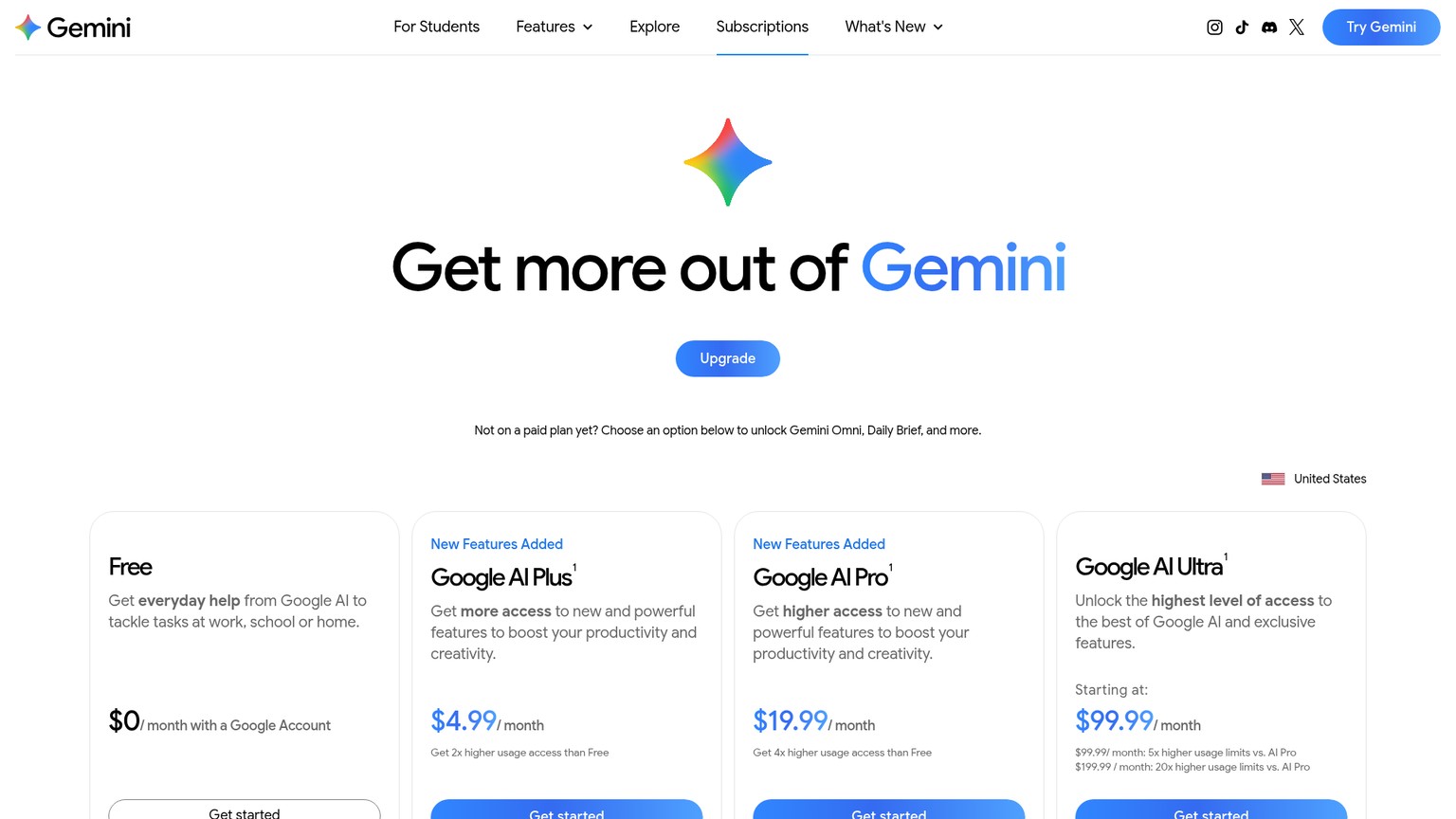 Gemini-Abonnementseite mit den Preisen für Free und Google AI Plus