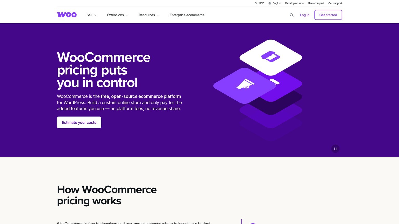 WooCommerce official pricing page showing free core hosting and extension ranges