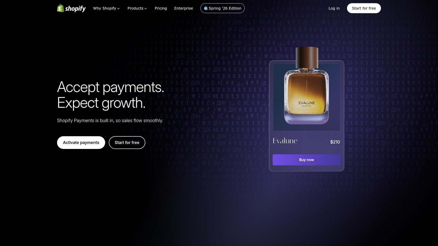 Shopify Payments public feature page with Shop Pay and payment methods