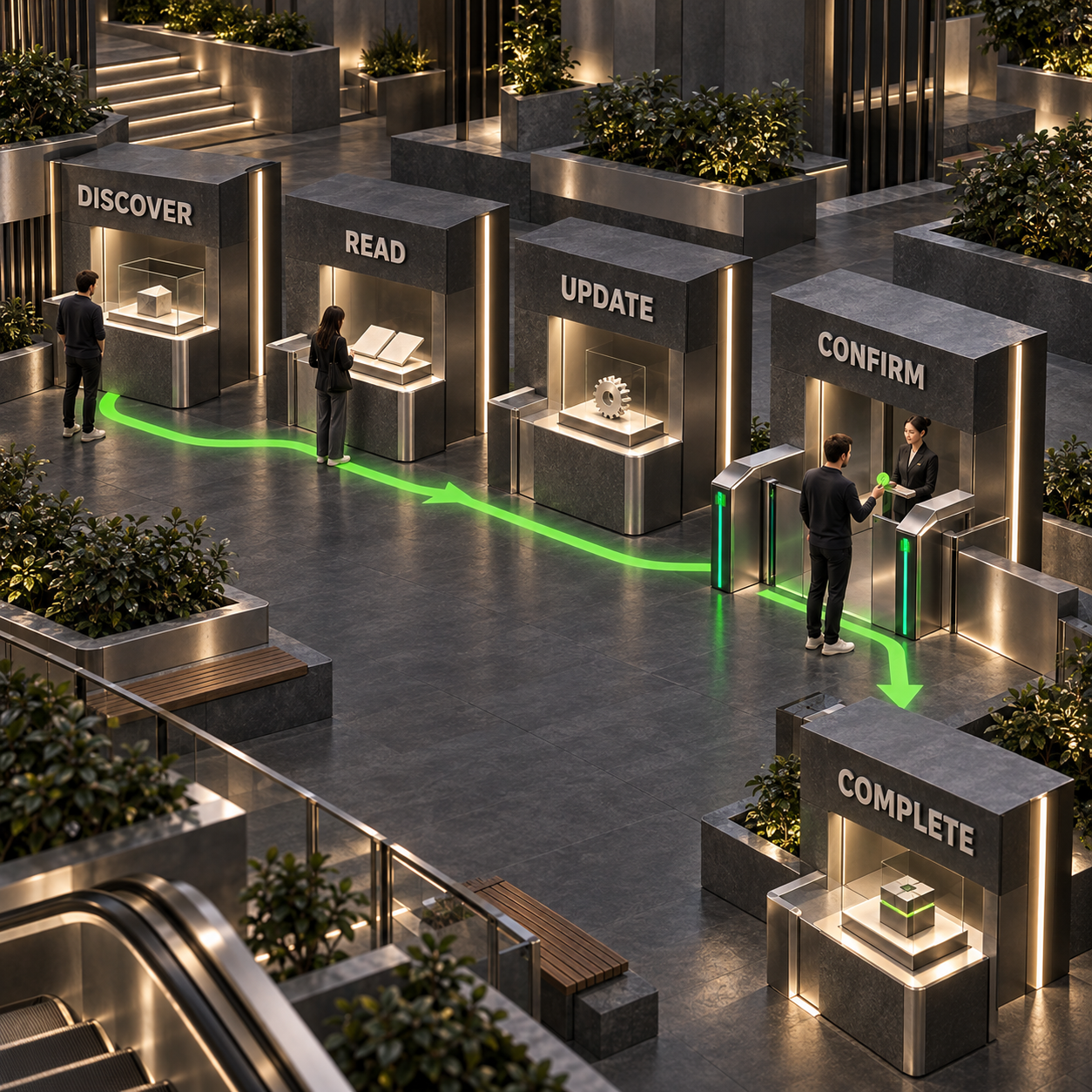 Maquette architecturale montrant les cinq étapes du checkout Shopify WebMCP, de la découverte des outils à la finalisation