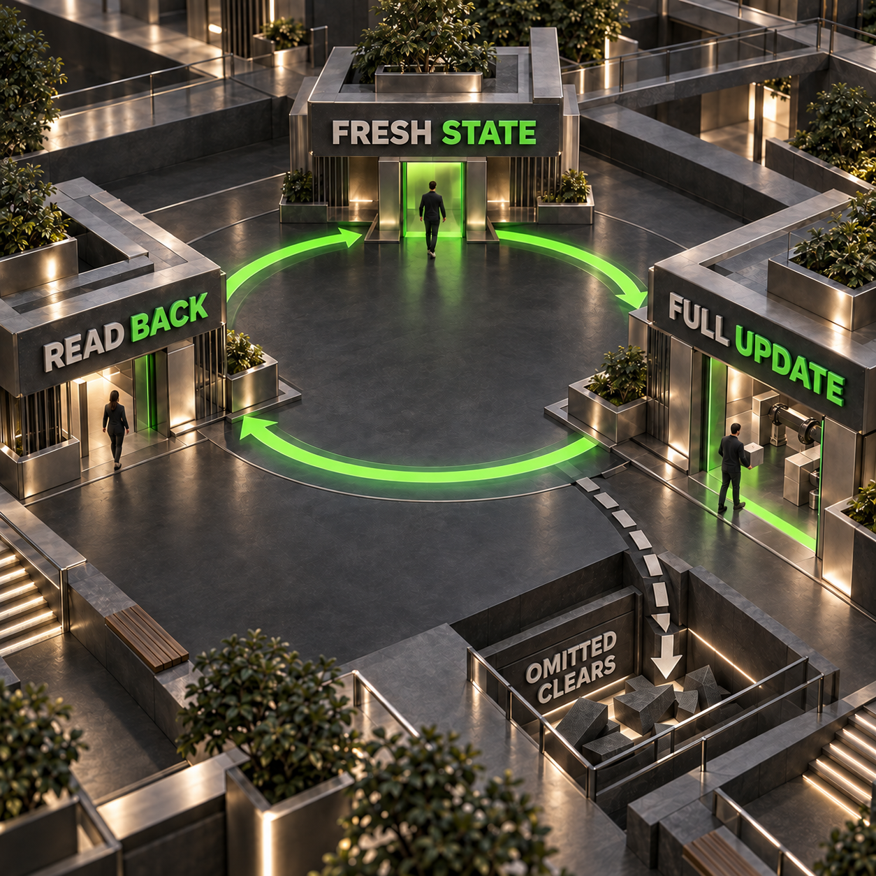 Boucle architecturale où l’état récent du checkout devient une mise à jour complète, suivie d’une relecture de contrôle
