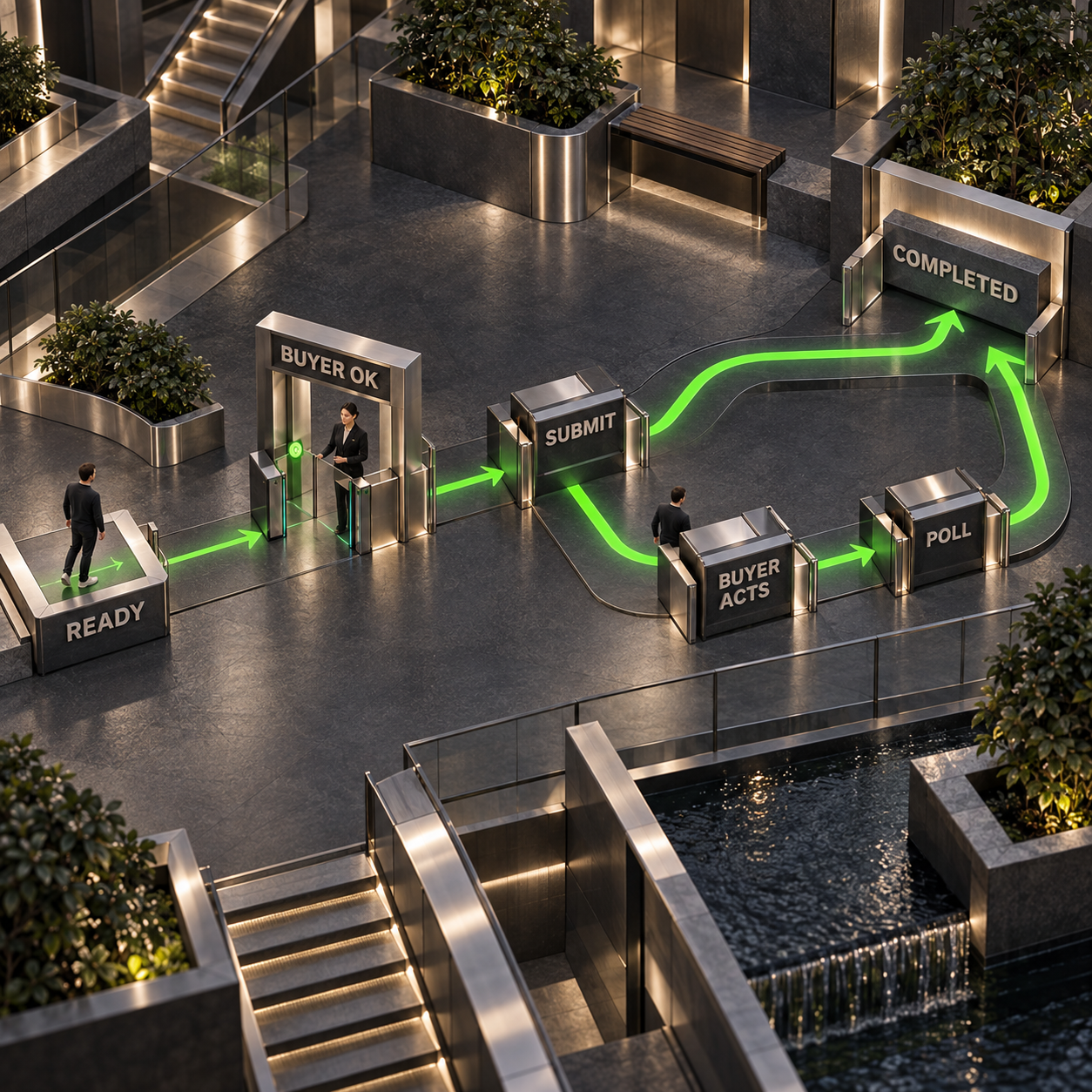 Machine à états architecturale montrant la confirmation de l’acheteur avant l’envoi, puis une branche de transfert qui revient à la surveillance de l’état