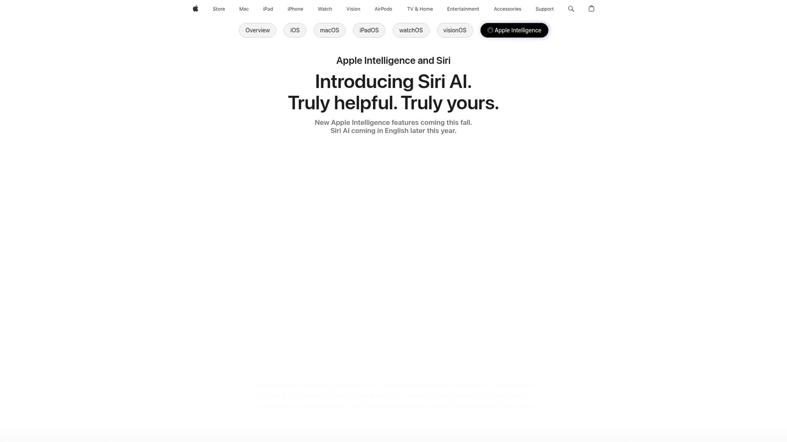 Apple Intelligence page showing Siri AI features and supported devices