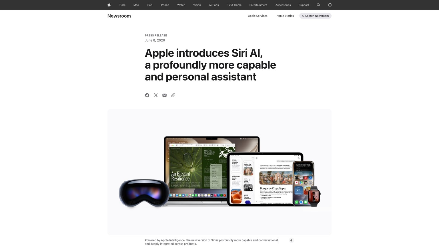 Apple Siri AI newsroom page showing personal context and conversation examples