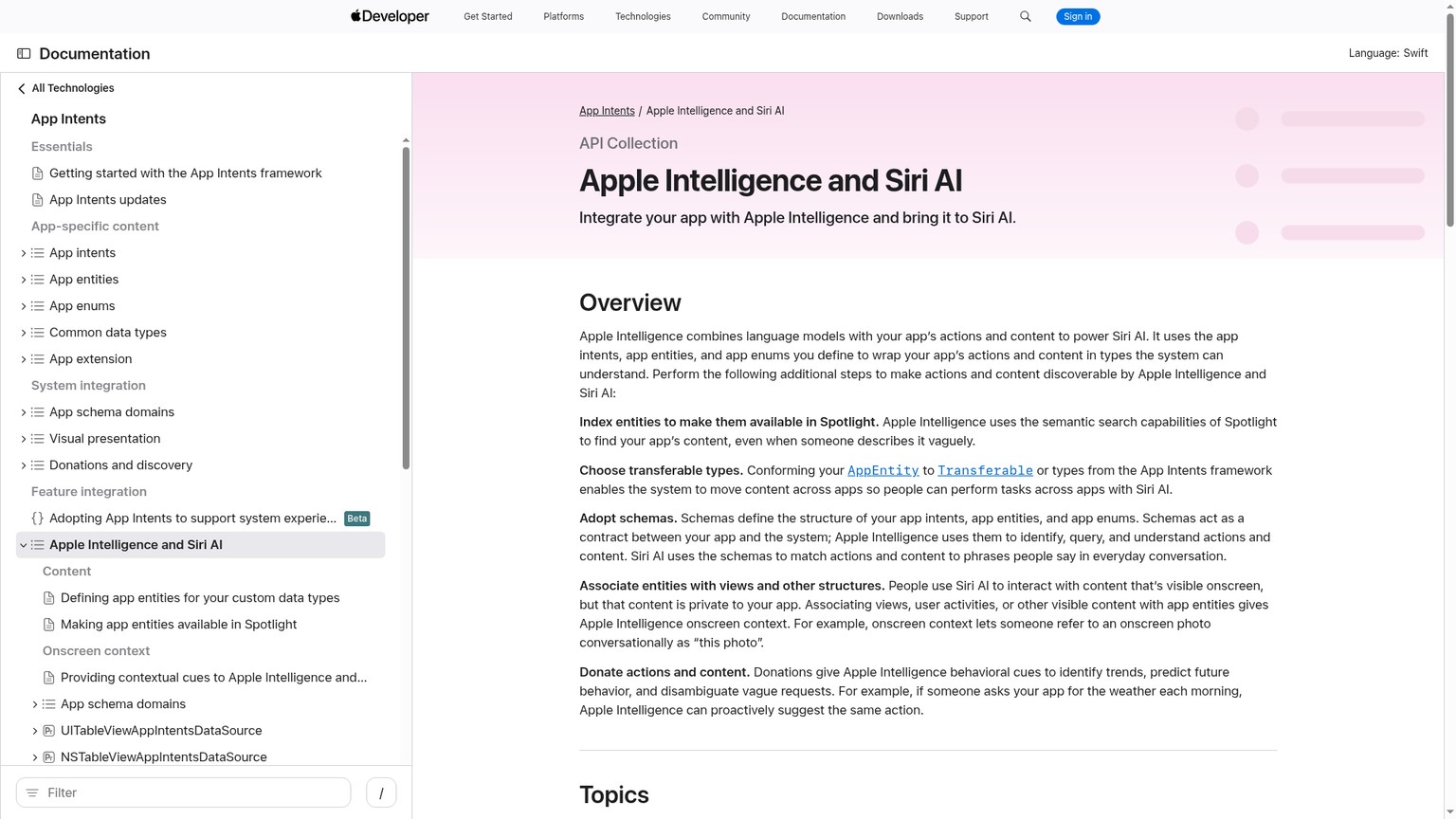 Apple developer documentation for App Intents and Siri AI integration