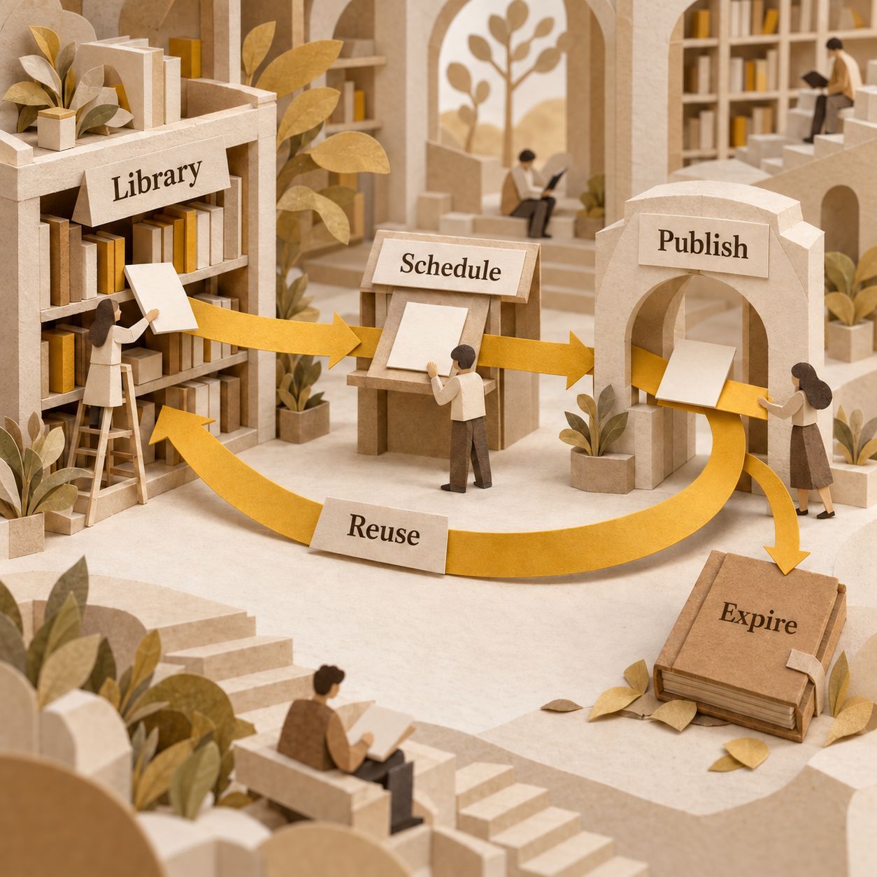 Paper library flow from Library to Schedule to Publish, with Reuse returning content and Expire removing dated material