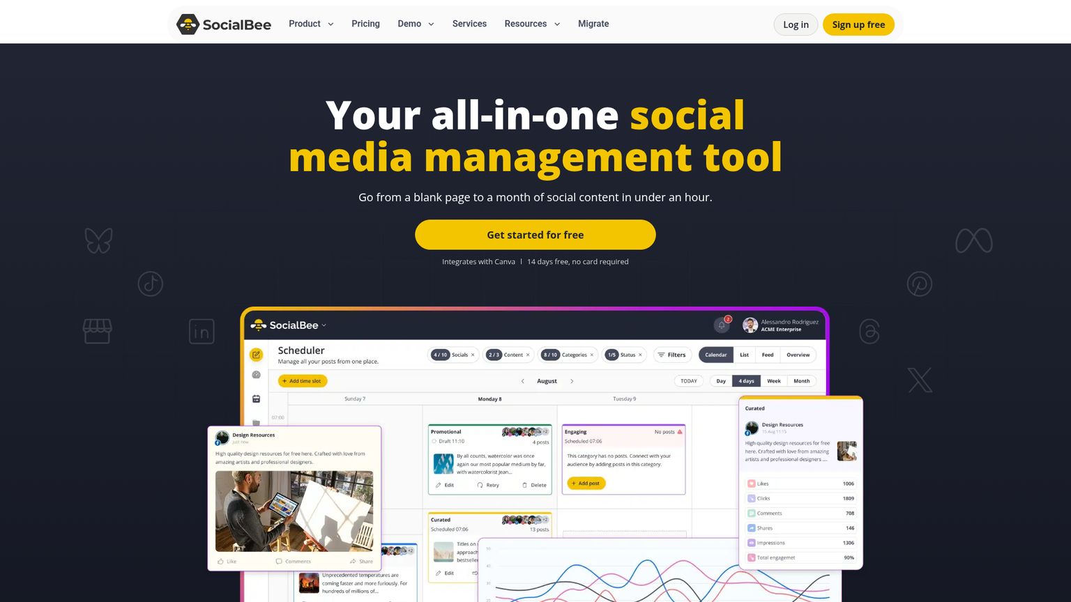 SocialBee public homepage presenting its social media calendar and publishing workflow