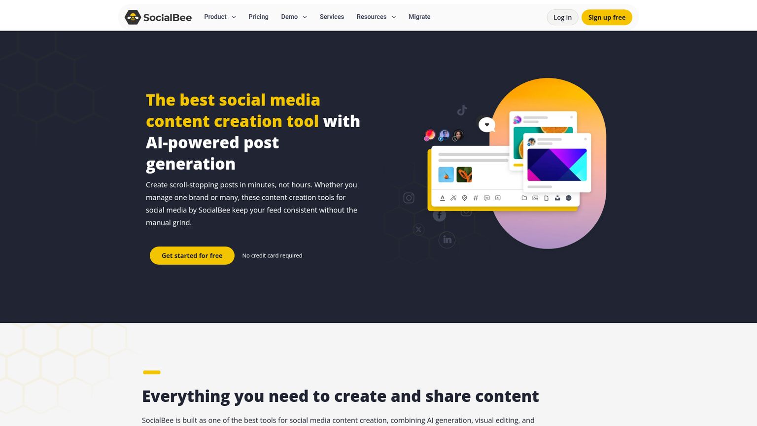 SocialBee content creation page showing AI generation, post customization and content categories