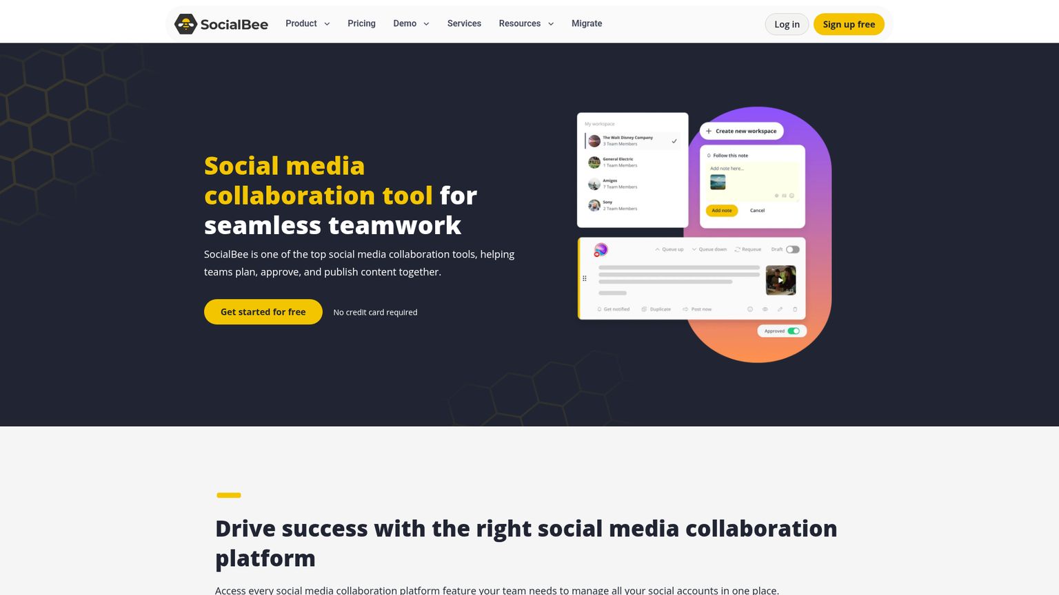 SocialBee collaboration page with workspace separation, roles, content approvals and internal notes