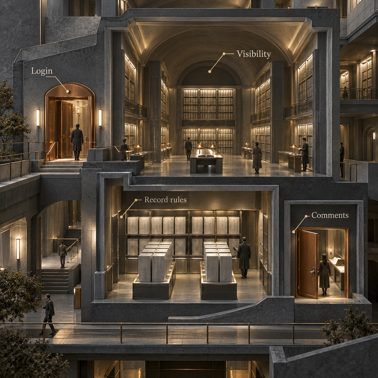 Architectural cutaway separating login, screen visibility, record restrictions, and the separate controls for comments