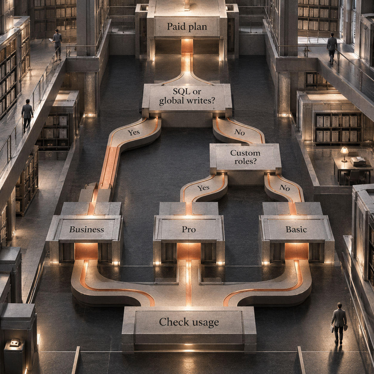 Architectural paid-plan decision route choosing Business for SQL or global write restrictions, Pro for custom roles, and Basic for simpler needs, followed by a usage check