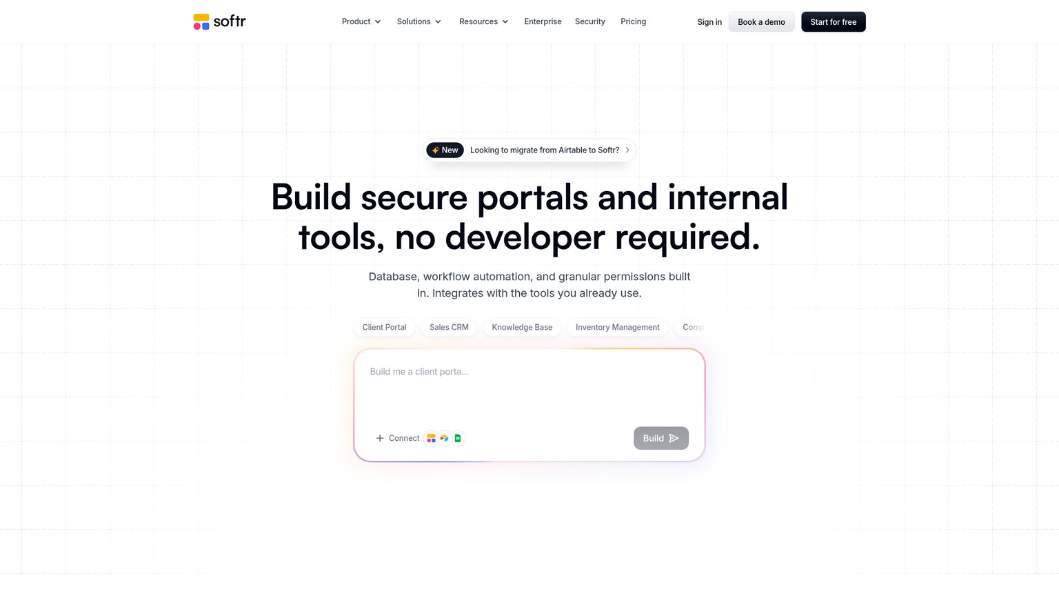 Softr public homepage describing portals, internal tools, connected data, and built-in application features