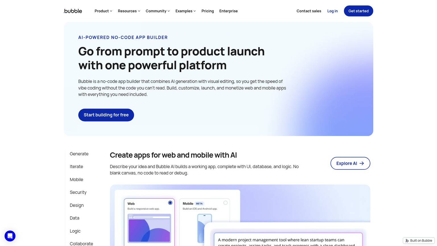 Bubble public platform page describing AI generation and visual editing for web and mobile applications