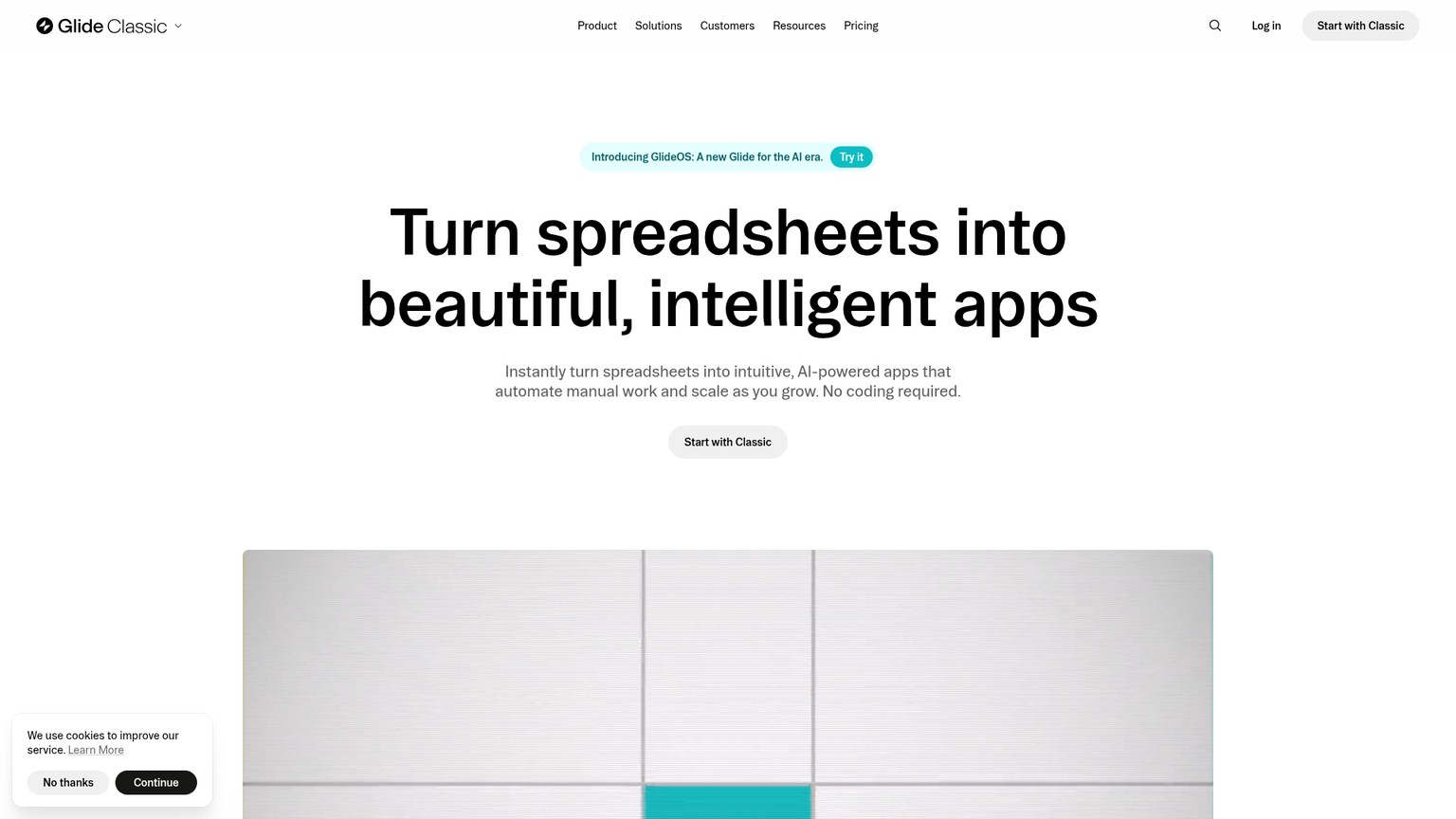 Glide Classic public homepage showing its spreadsheet-to-business-app product