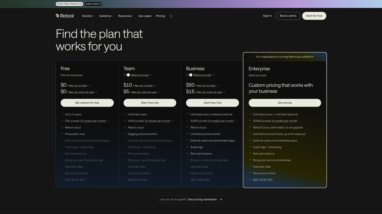 Retool public pricing page separating builders, internal users, and external-app availability