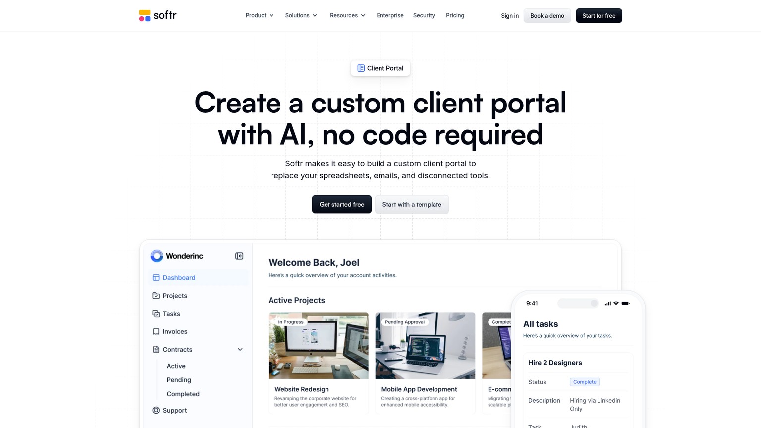Softr public client-portal page showing project, document, form, and access-control use cases