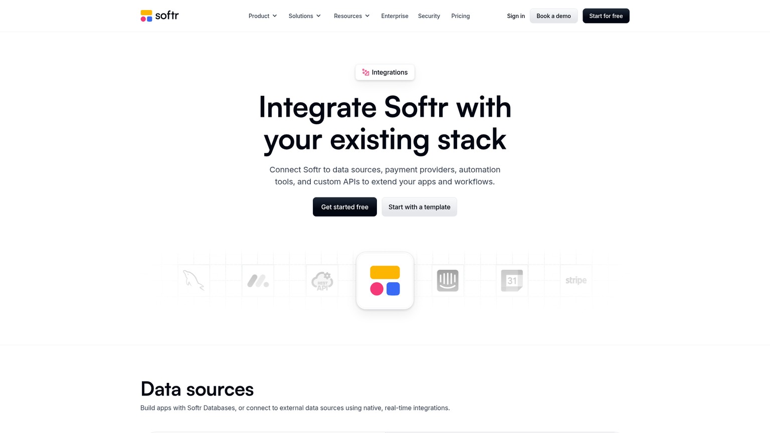 Softr public integrations catalogue distinguishing data sources from workflow and service integrations
