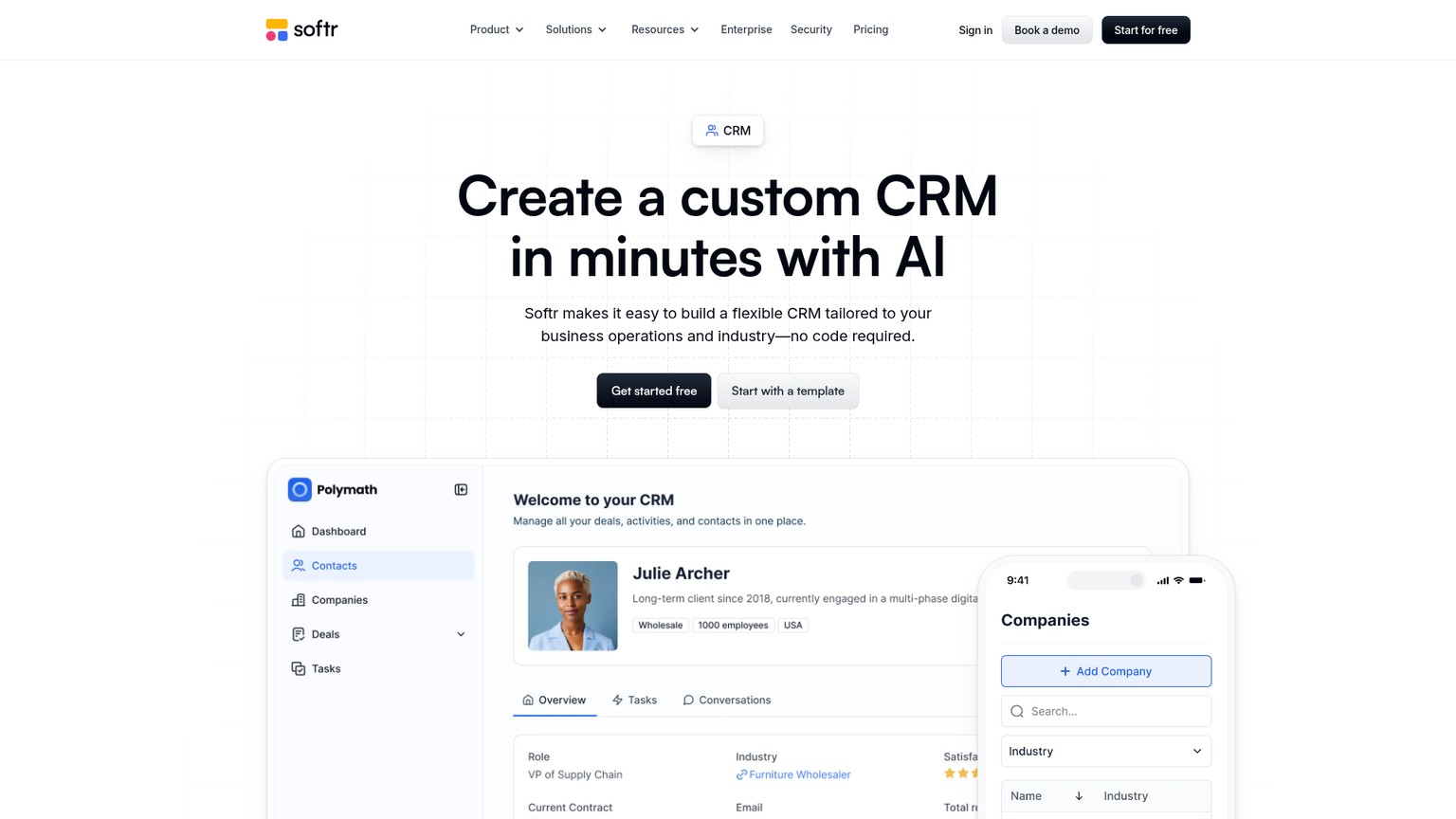 Softr public CRM feature page describing contact records, lead capture, deal tracking, and reporting