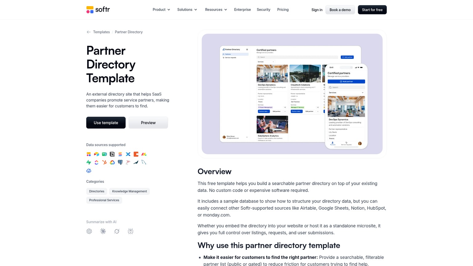 Softr public partner-directory template with searchable listings, partner submissions, and listing management