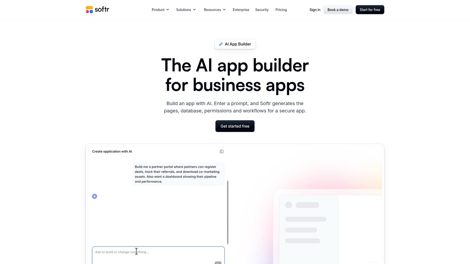 Softr public AI app-builder page describing generated applications and editable business-app foundations