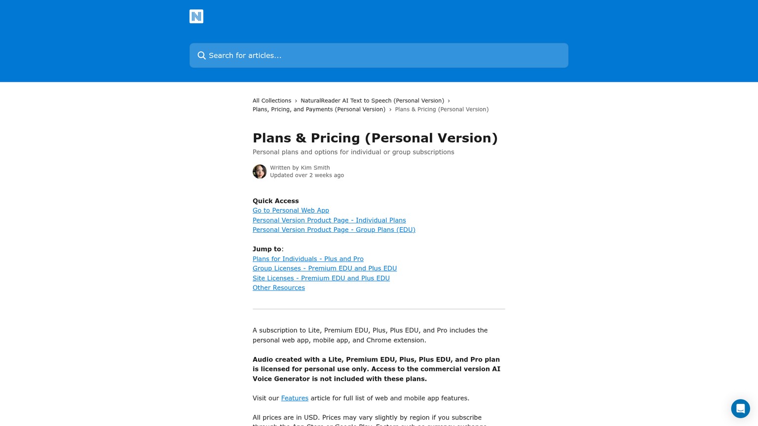 NaturalReader Personal pricing page with Lite, Plus, and Pro plans