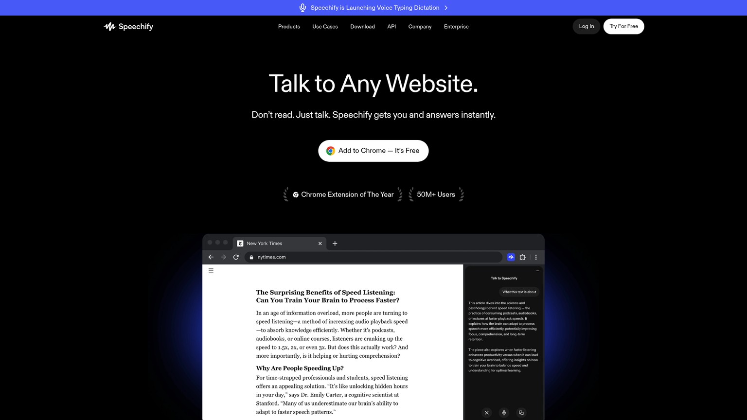 Speechify Voice AI Assistant page showing webpage questions and summaries