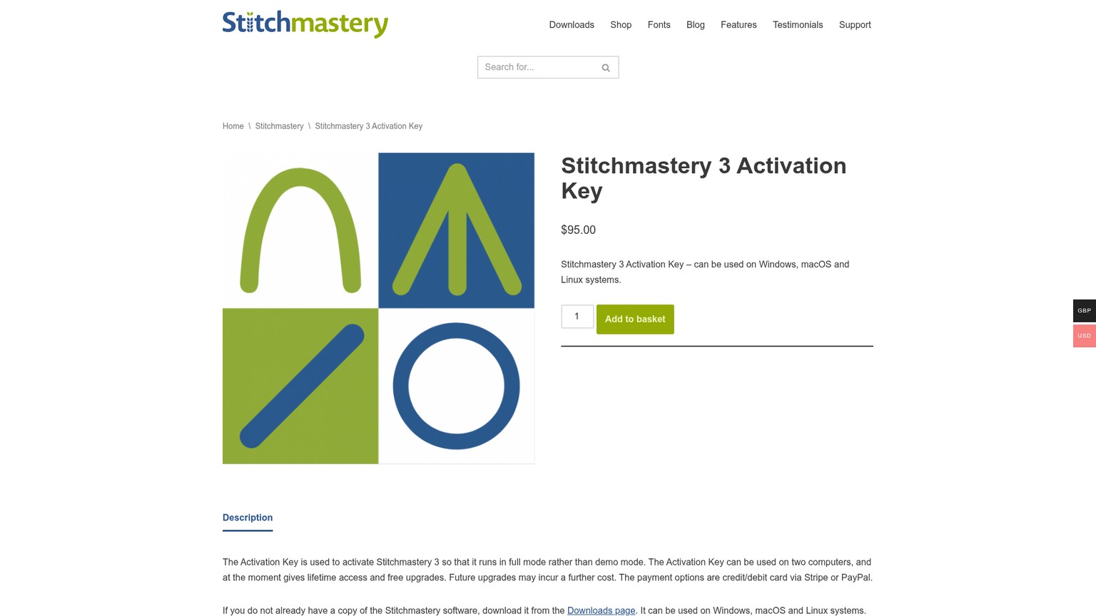 صفحة منتج مفتاح تفعيل Stitchmastery 3 وتعرض سعر الترخيص الحالي