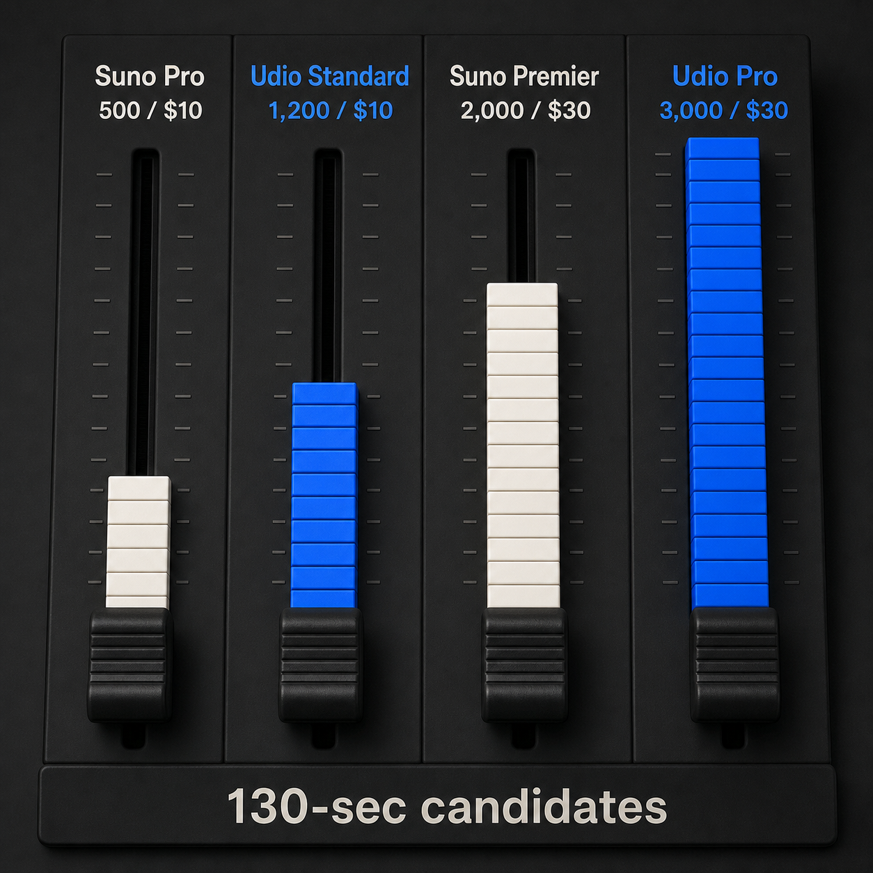 Gráfico de barras que compara la capacidad mensual de candidatos de 130 segundos y los precios de los planes de Suno y Udio