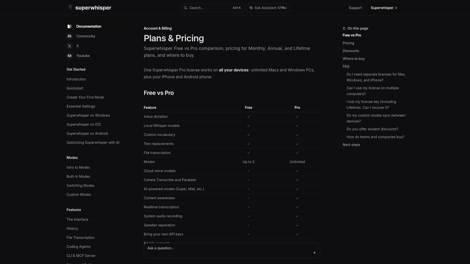 Superwhisper plan documentation showing Free and Pro features and current prices