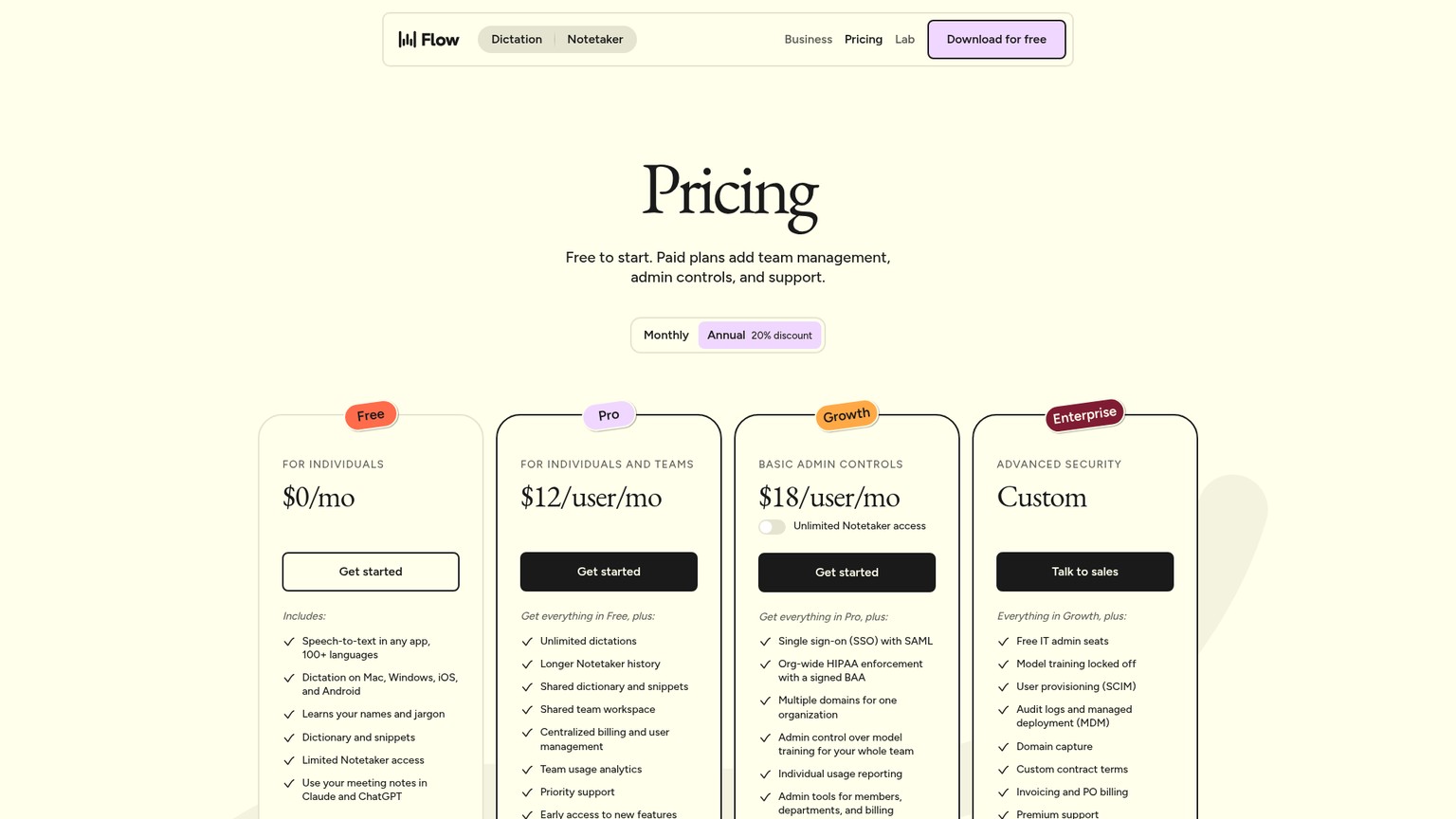 Wispr Flow pricing page showing Free, Pro, Growth, and Enterprise plans