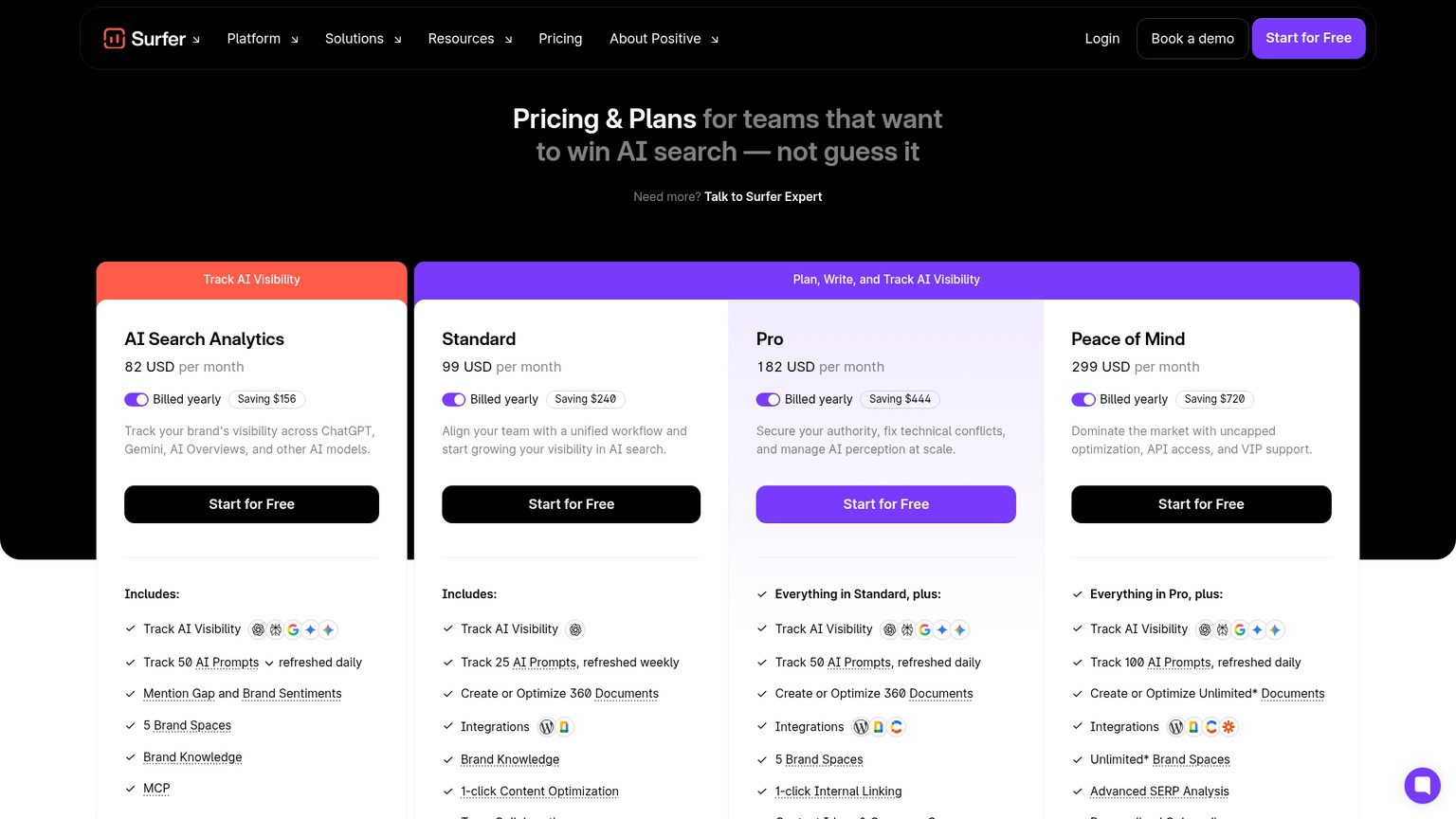 Surfer's current pricing page with content and AI visibility plans