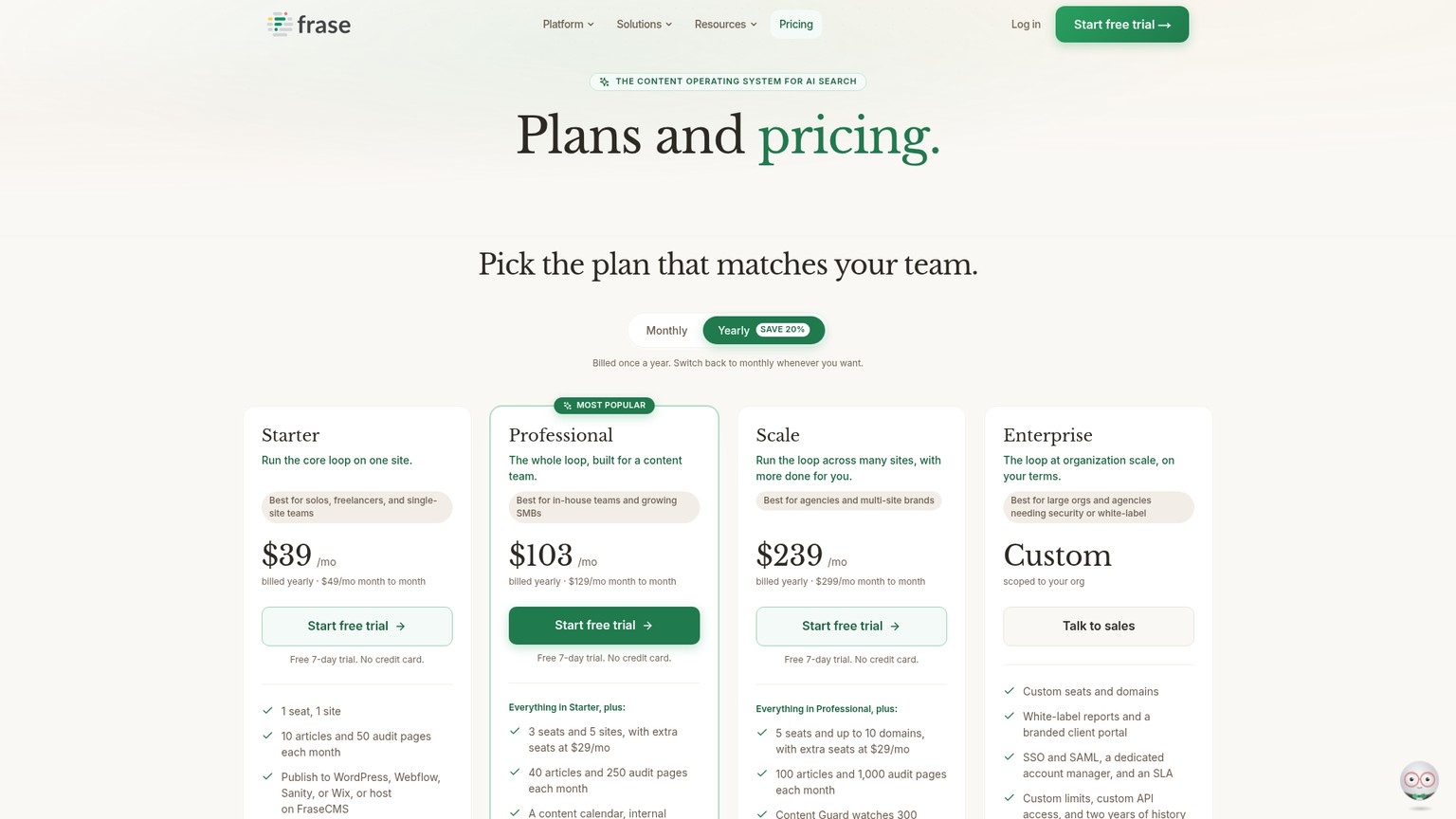 Frase pricing showing Starter, Professional and Scale with article and engine limits