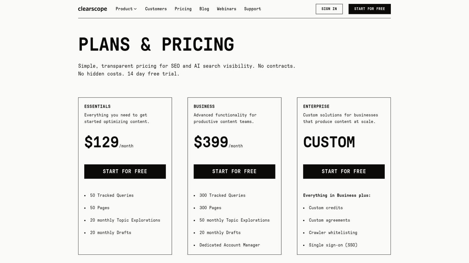 Clearscope Essentials pricing with unlimited users and included query and draft allowances