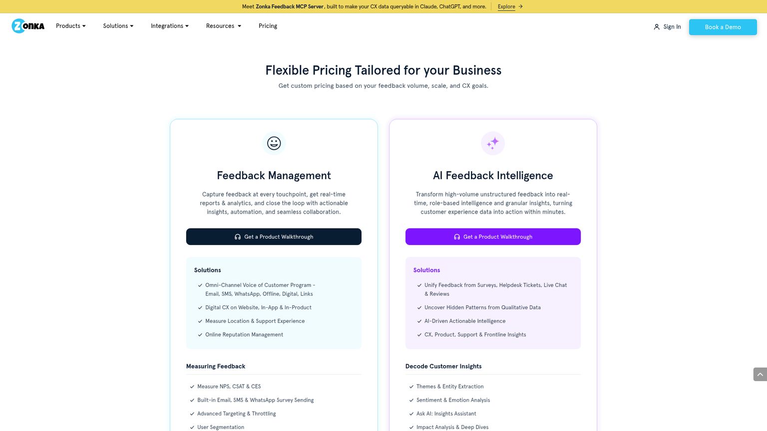 Página de precios de Zonka Feedback con cotizaciones personalizadas para Feedback Management y AI Feedback Intelligence