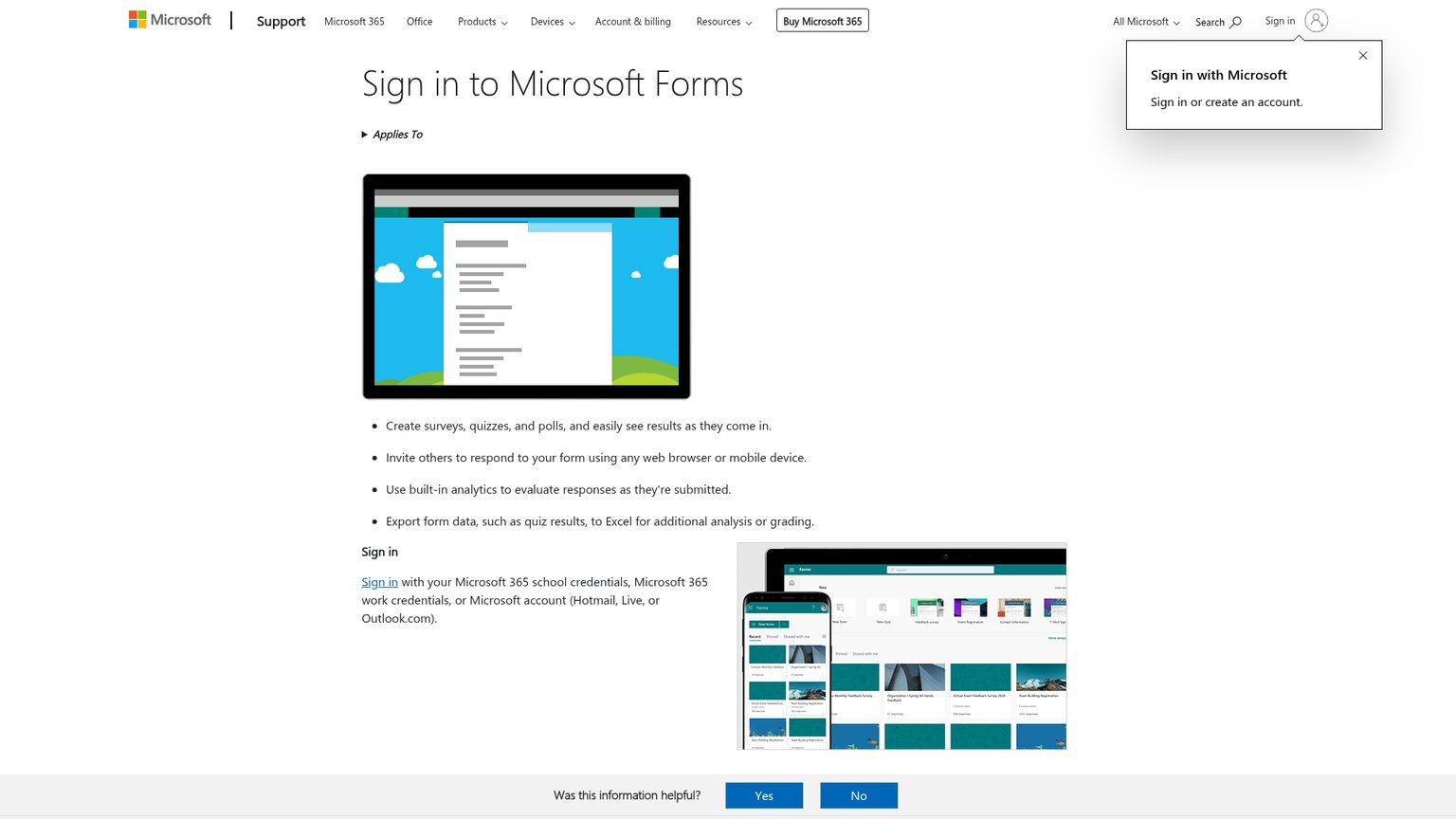 Descripción oficial de Microsoft Forms con sus funciones de creación de encuestas, análisis y exportación a Excel
