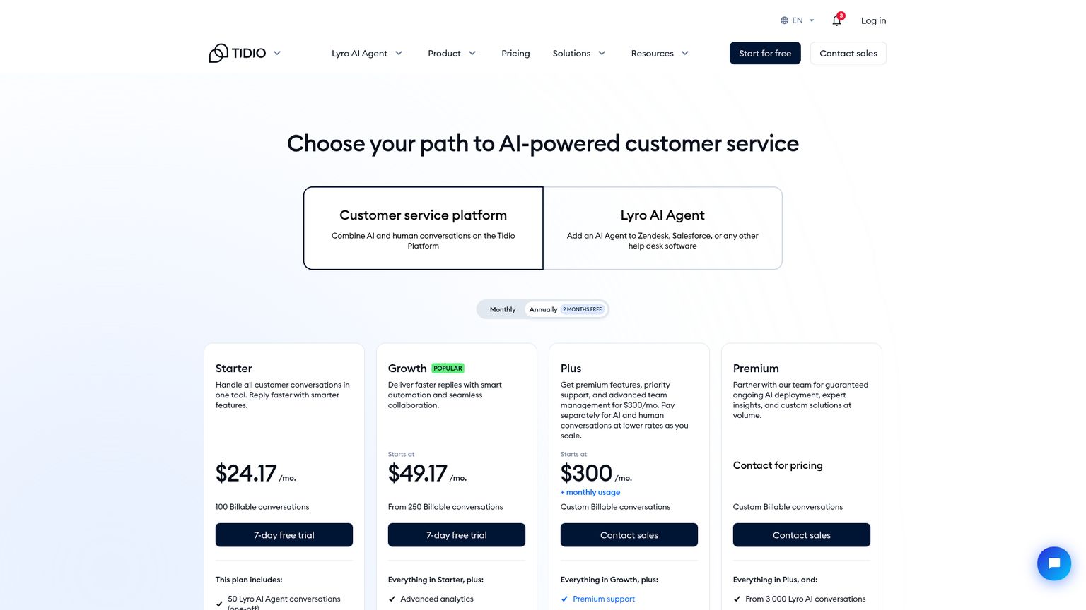 ヘルプデスクのプランと、別枠のLyro AI会話数を示すTidioの料金ページ