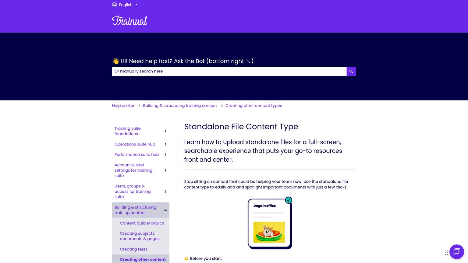 Trainual standalone file help page describing uploaded-file behavior and restrictions