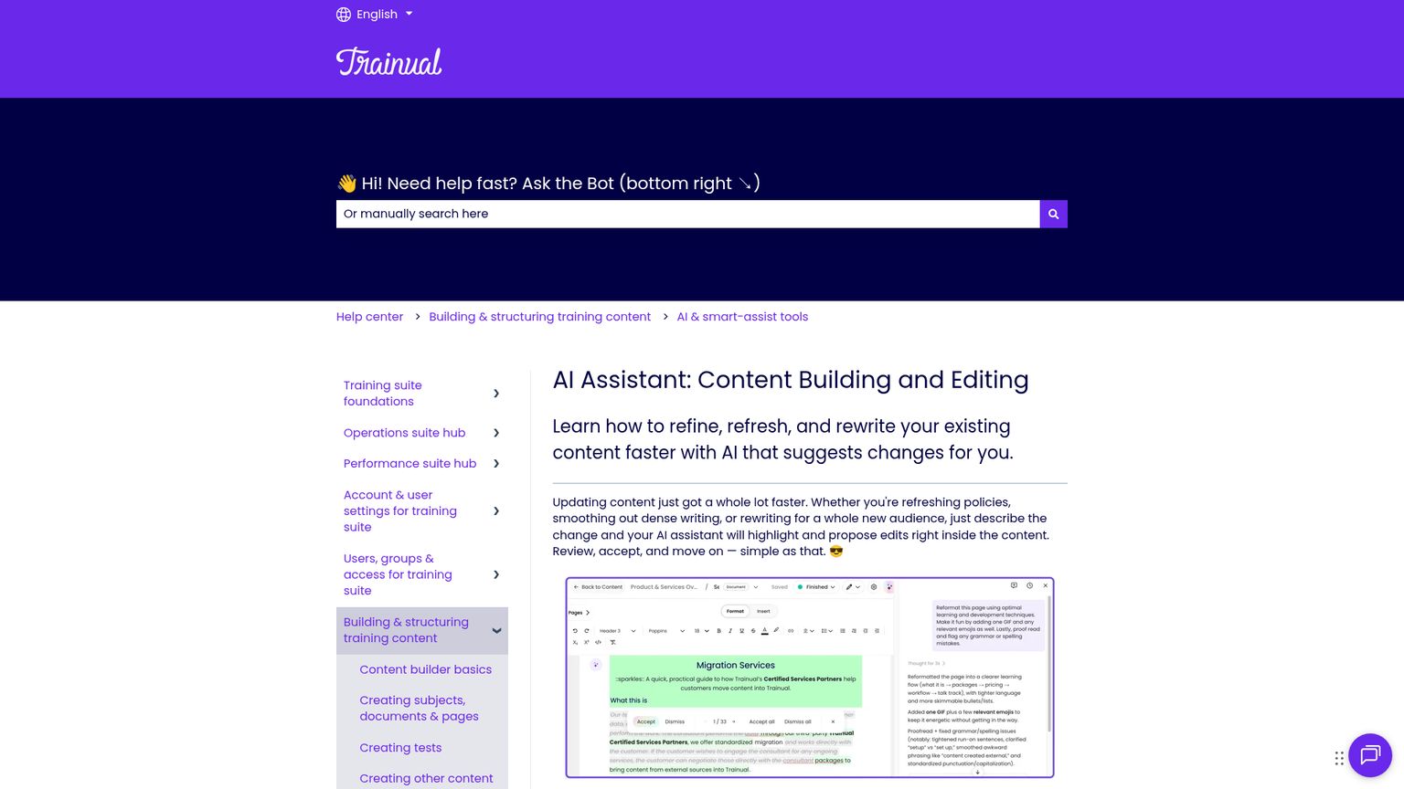 Trainual public help documentation showing AI content editing and review of proposed changes
