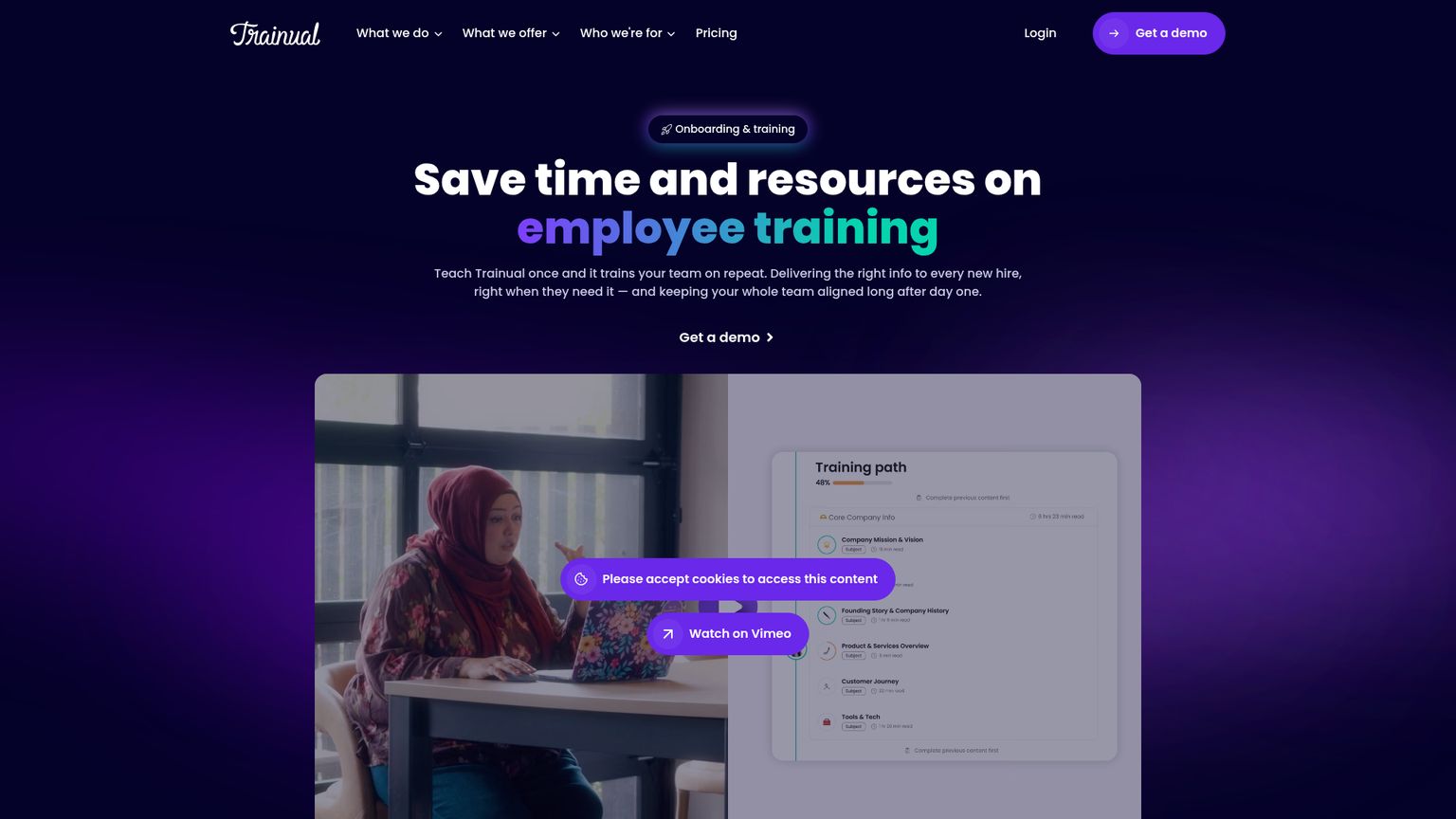 Trainual public onboarding page describing structured training and completion reporting