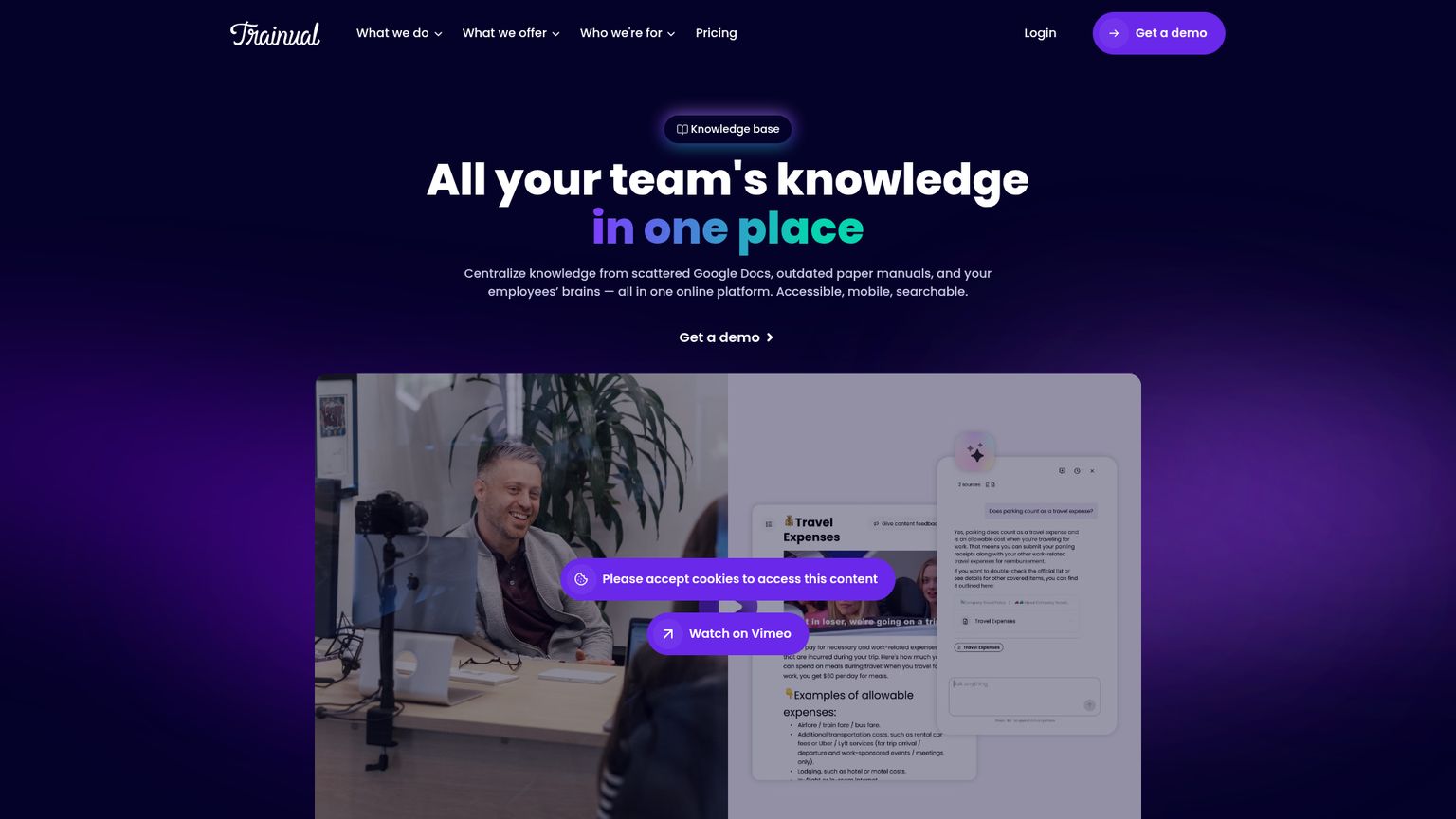 Trainual public knowledge base page explaining searchable company knowledge