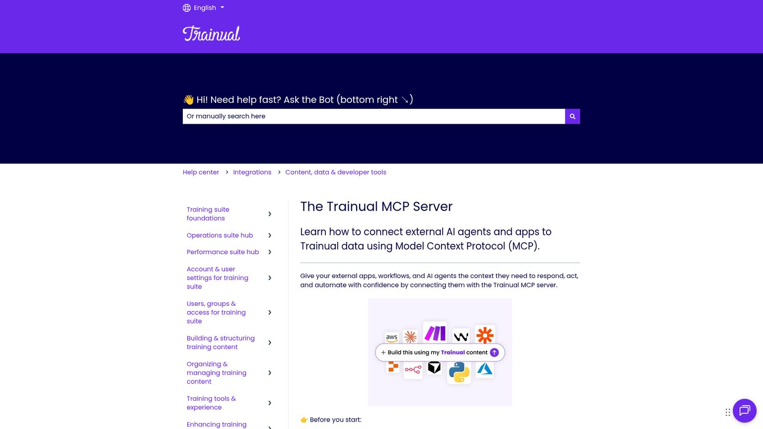 Trainual public MCP server documentation describing plan eligibility and read-only tools