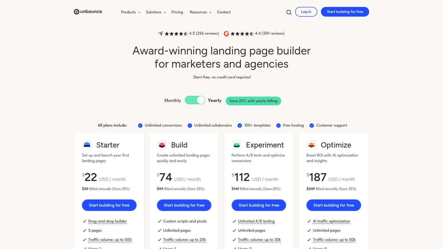 Unbounce live pricing page showing Starter, Build, Experiment, Optimize, Concierge and Agency