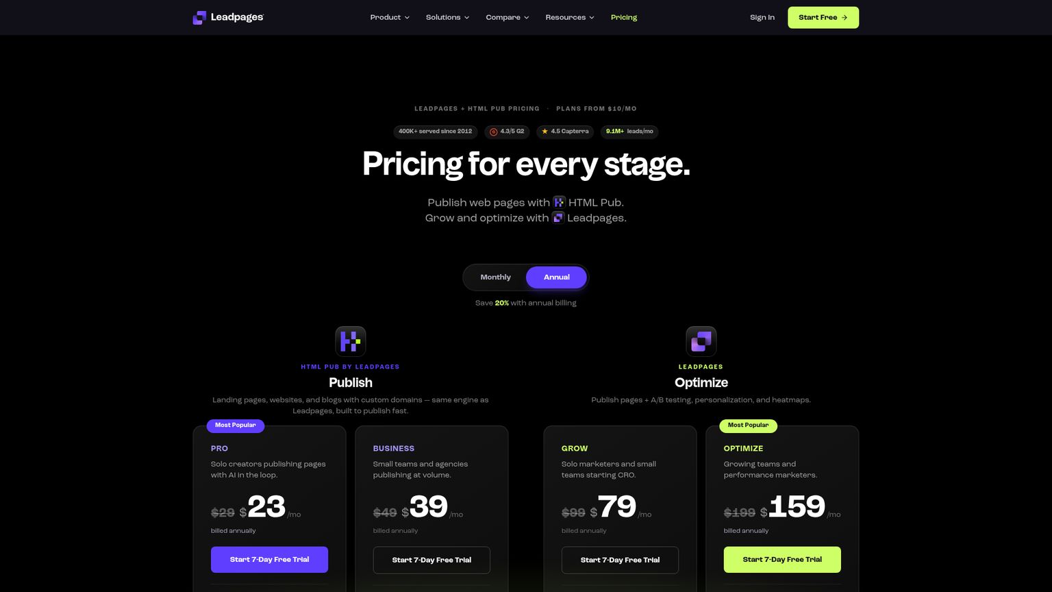 Leadpages current pricing page showing Grow, Optimize and Scale alongside separate HTML Pub publishing plans